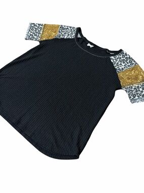 BIBI Black Top with Gold Sequin & Leopard Print Sleeves